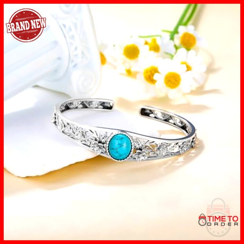 Sterling Silver Turquoise Cangle Vintage Western Floral Adjustable Fit Jewelry - Picture 6 of 7